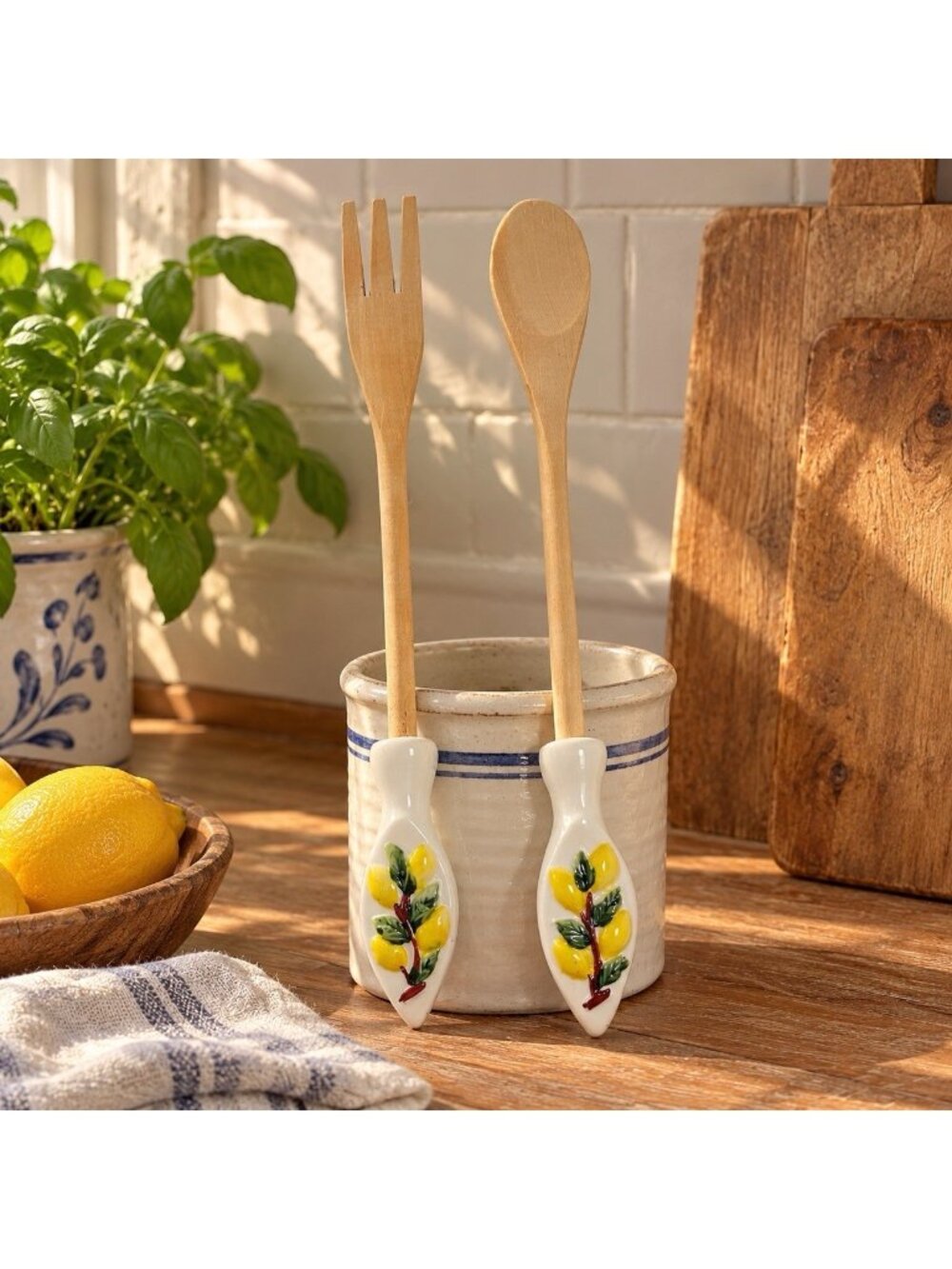 Vintage Italian S Gimignano Ceramic Handpainted Lemon Wooden Utensils Set Signed